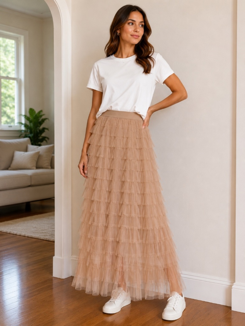 Long Layered Tulle Skirt in Blush